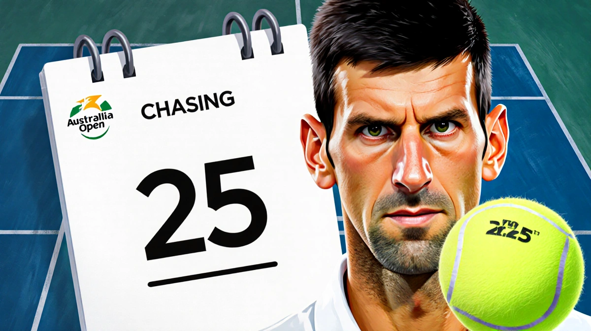 Novak Djokovic standing with determined expression before calendar showing March 31 2025 with tennis balls arranged in circle