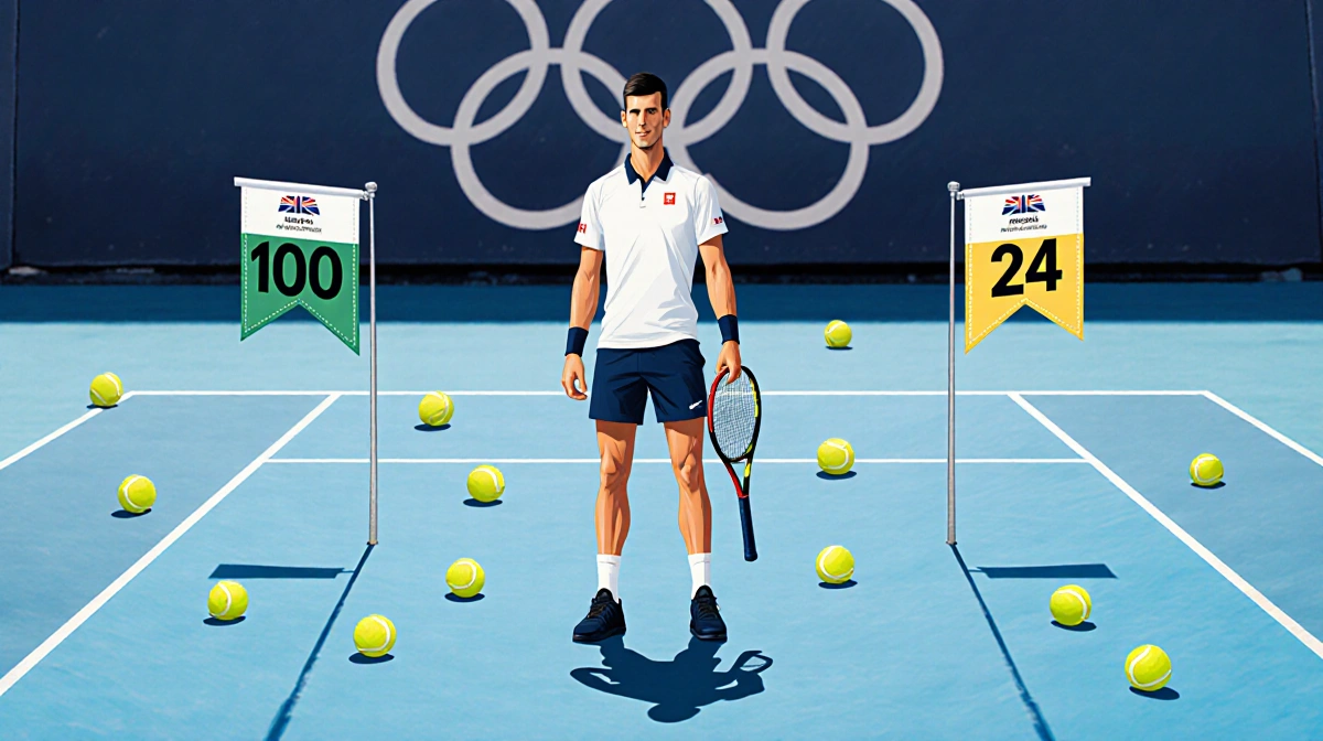 Novak Djokovic stands on Melbourne court with tennis rackets showing 10 and 100 and Australian Open flags with 100 and 24 emb