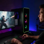 Gamer playing next-gen game on PC with neon lighting and DLSS 4.5 screenshot visible