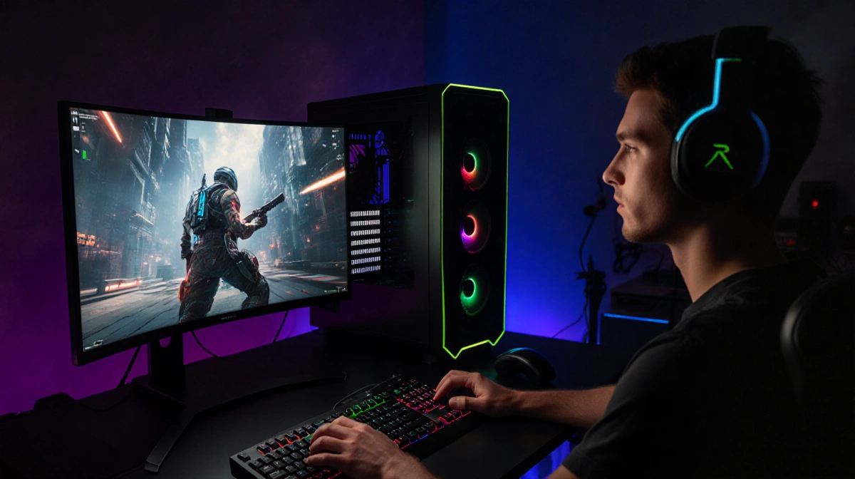 Gamer playing next-gen game on PC with neon lighting and DLSS 4.5 screenshot visible