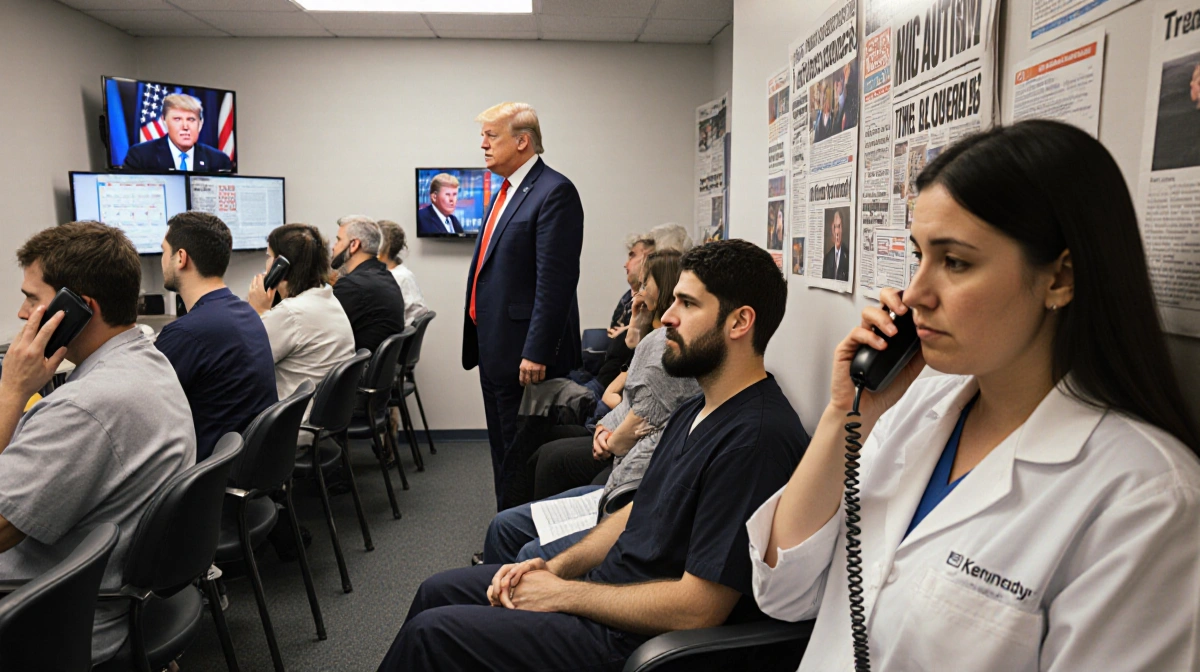 Nurse speaks worriedly into phone at reception desk with concerned patients waiting and autism headlines on wall