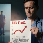 Doctor holding declining organ donation chart with tired expression and spotlight in hospital room