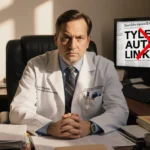 Doctor sits at cluttered desk with medical journals and background screen showing debunked autism link