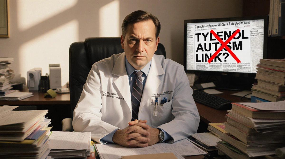 Doctor sits at cluttered desk with medical journals and background screen showing debunked autism link