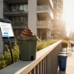 Dog waste bin overflowing on condo balcony with DNA test notification on phone and city skyline behind
