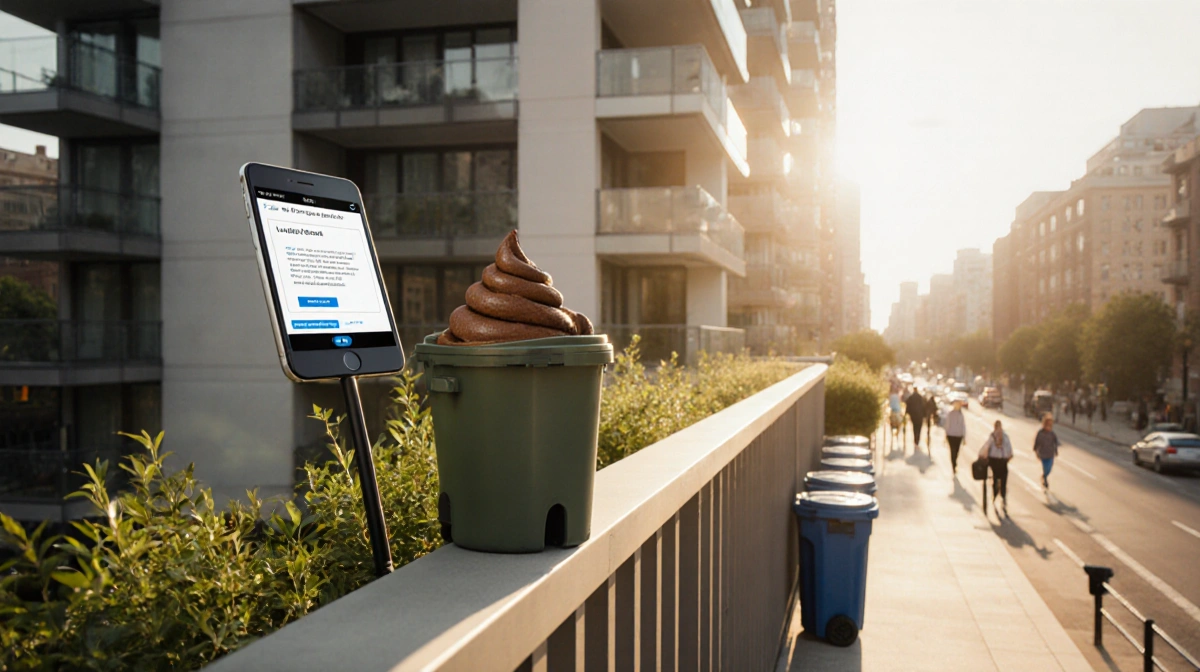 Dog waste bin overflowing on condo balcony with DNA test notification on phone and city skyline behind