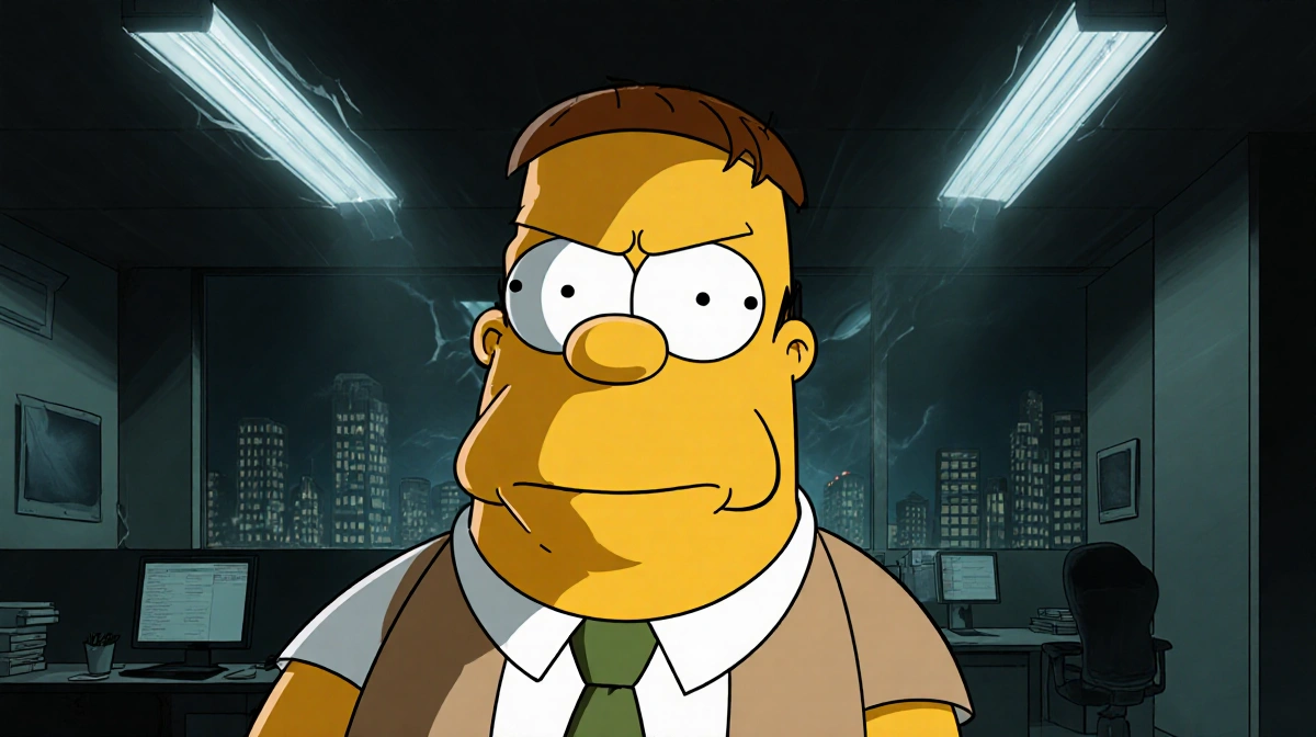 Dogbert sits with cold calculating eyes and eerie aura near dim office shadows