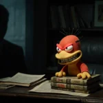 Dogbert puppet sits on dusty comic books with glowing red eyes and twisted grin near shadowy silhouette