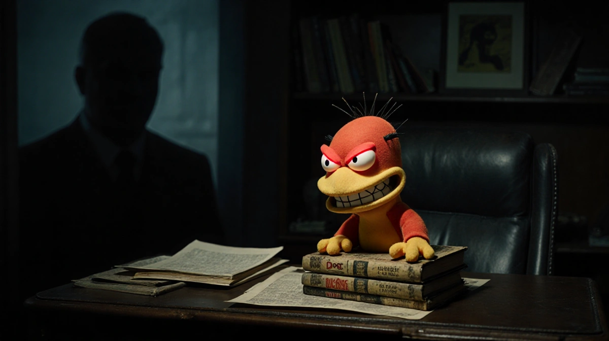 Dogbert puppet sits on dusty comic books with glowing red eyes and twisted grin near shadowy silhouette