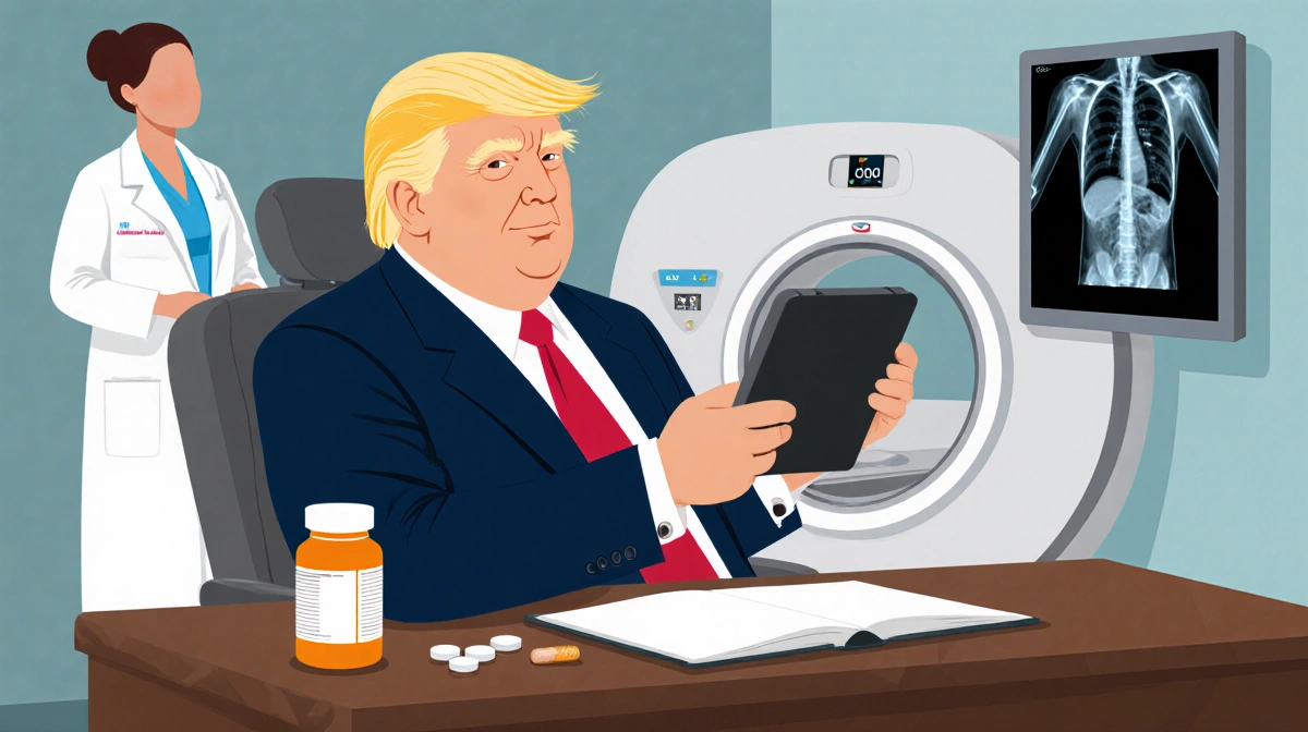 Donald Trump sits in a doctor's office with a tablet showing MRI results and a large aspirin bottle on his desk