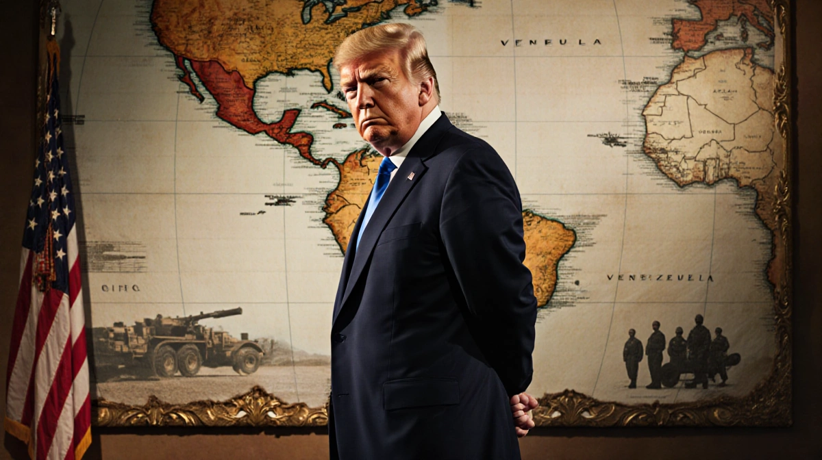 Donald Trump standing with hands behind and gaze toward the camera and South America map featuring Venezuela military hints