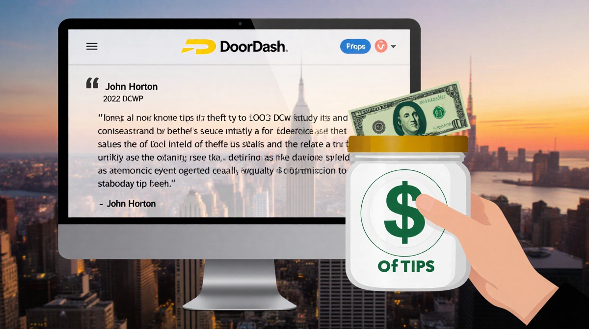 DoorDash responds to tip theft allegations with John Horton's statement highlighted on screen and tip jar showing 100% of tip