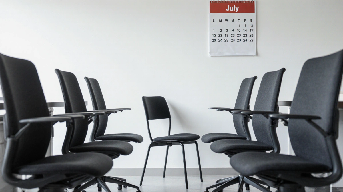 Two rows of office chairs face each other with empty seat between them and July calendar on wall