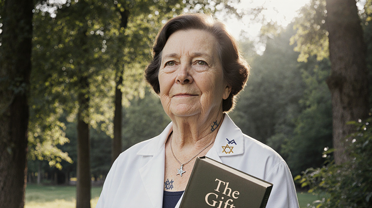 Dr. Edith Eger standing in a forest holding a book with The Gift and a faint Jewish star necklace eyes reflecting healing