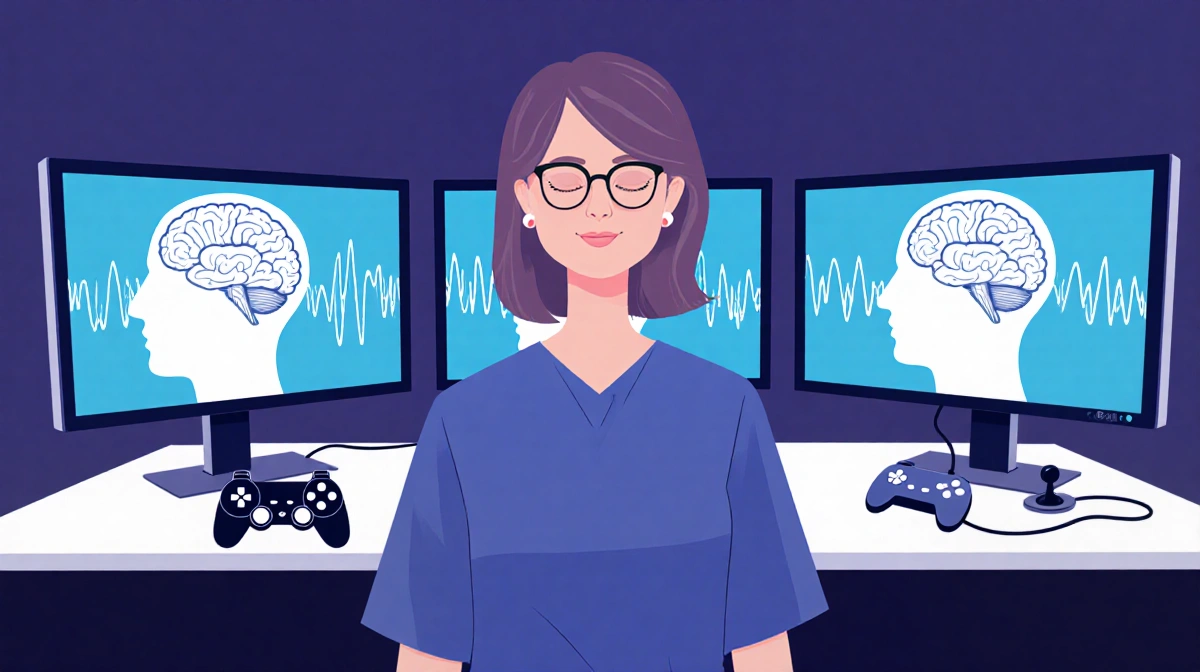 Dr. Alicia Howell-Munson stands with computer monitors showing brain wave patterns and game controllers representing gaming r