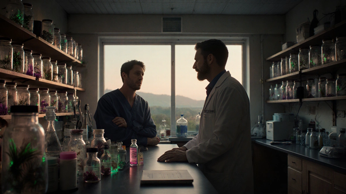 Dr. Kelson holds breakthrough serum vial with cured patient standing beside him in medical laboratory
