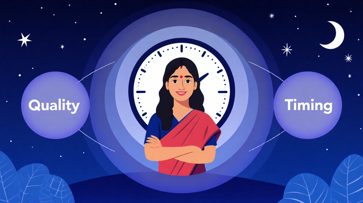 Dr. Saroja Sripathi standing before a clock with rings of quality duration timing and a starry night sleep setting