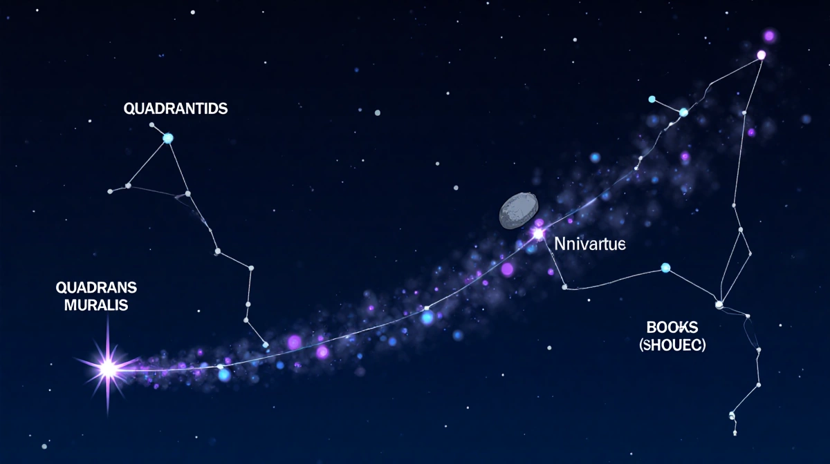 Draco constellation shines with radiant point near glowing meteor trail and swirling blue purple debris against dark navy sky