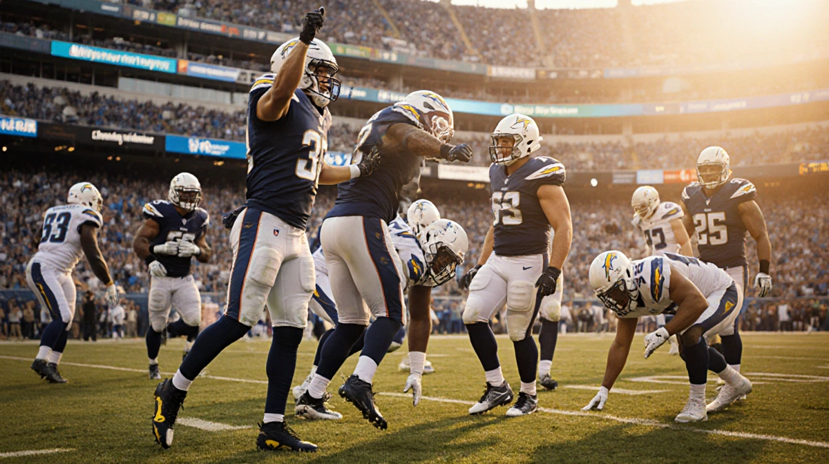 Drake Maye celebrating victory with Christian Gonzalez as defeated Chargers players sit behind them at SoFi Stadium