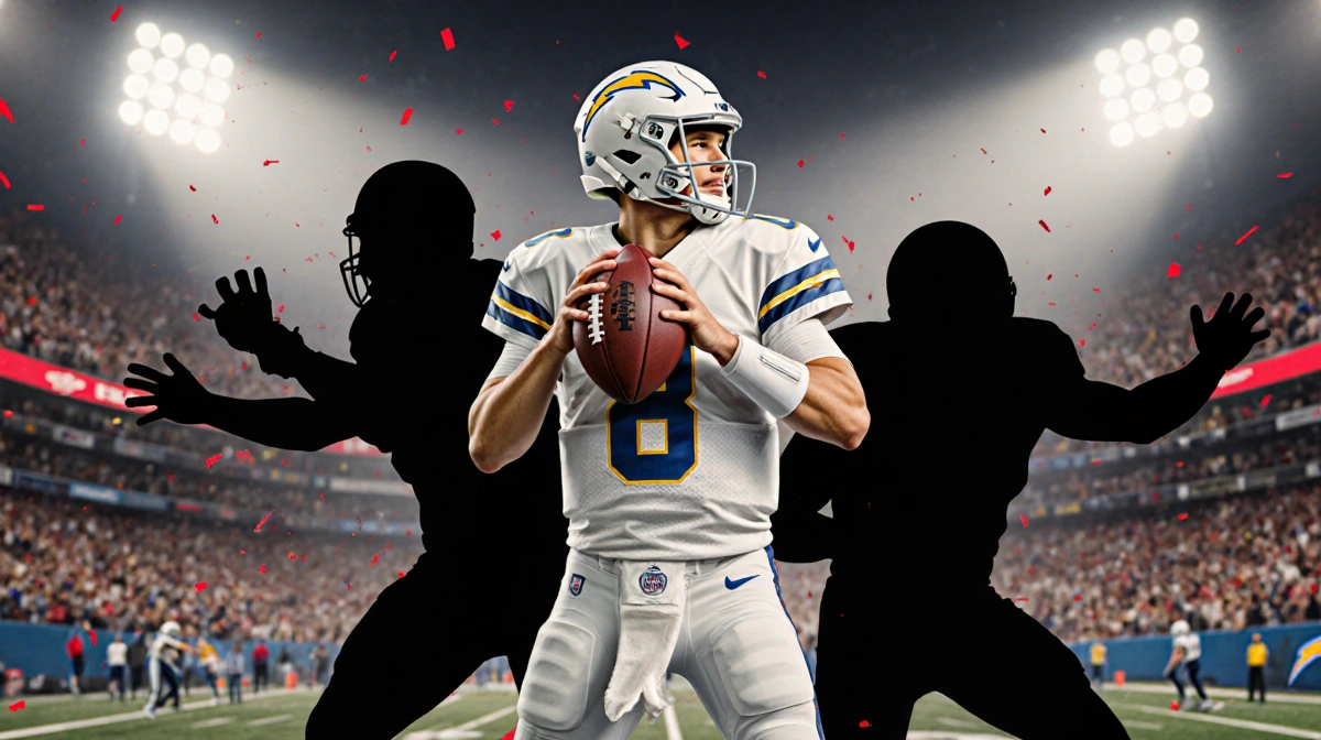 Drake Maye throwing football while Chargers defenders rush with ball knocked loose and stadium lights behind