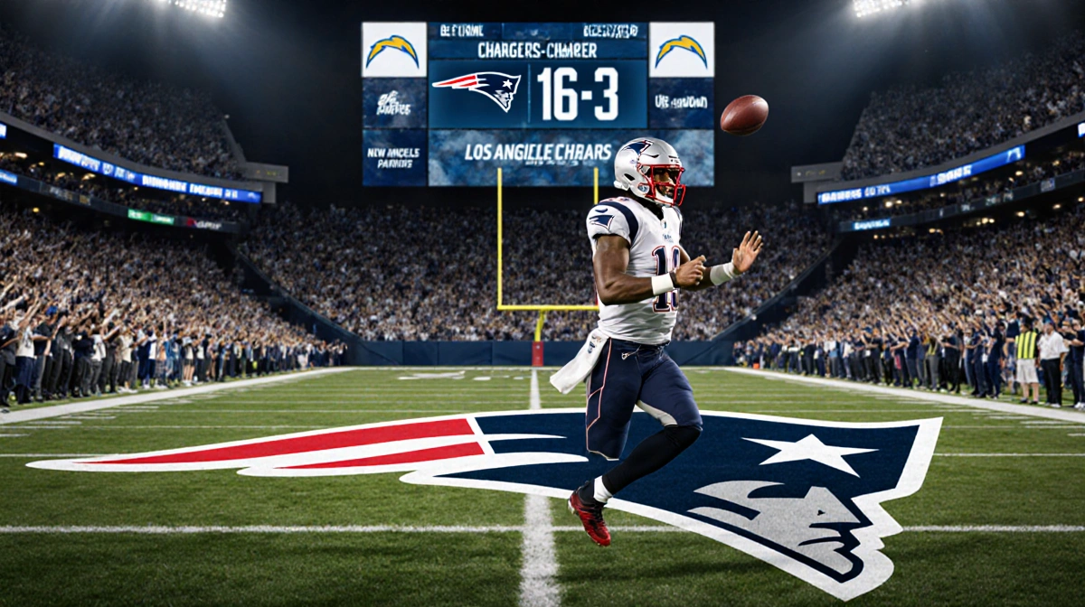 Patriots quarterback Drake Maye throwing touchdown pass with scoreboard showing 16-3 victory over Chargers and cheering fans 