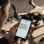 Drone operator frowning at phone with disassembled drone parts and tools scattered around workspace