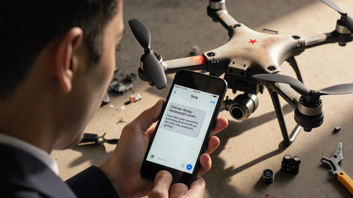 Drone operator frowning at phone with disassembled drone parts and tools scattered around workspace