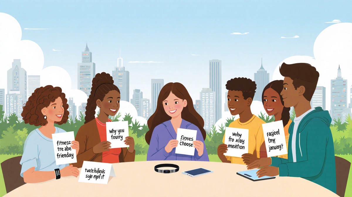 Diverse group sharing Dry January motivations with cards at table near city skyline.