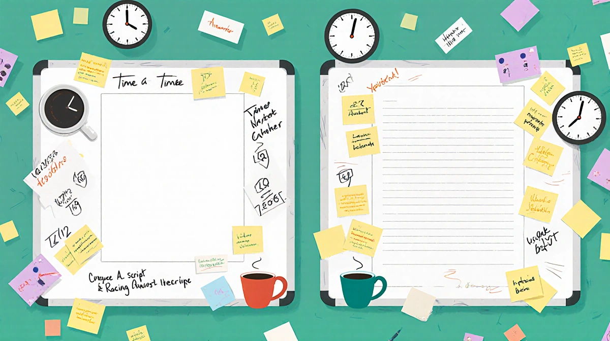 Two cluttered whiteboards filled with scribbled notes and countdown timers show the Stranger Things writing struggle with cof