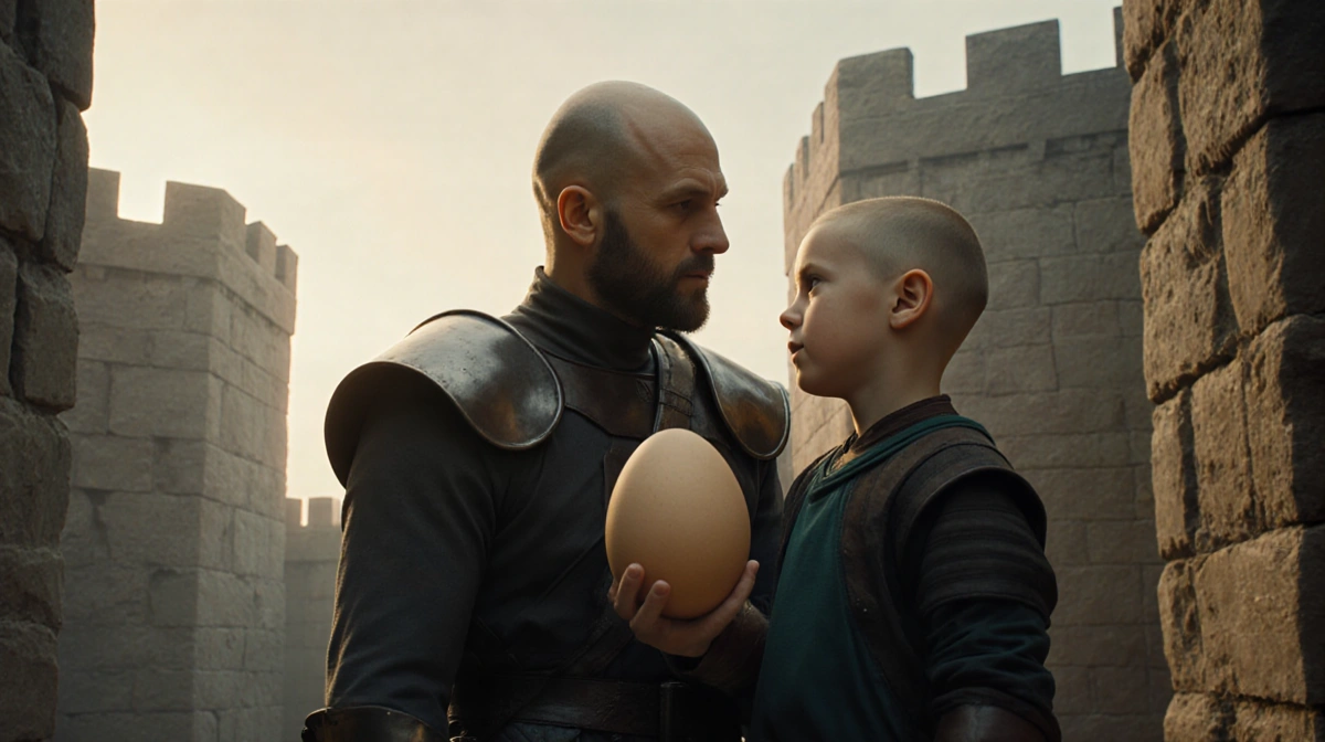 Dunk stands beside young bald Egg with medieval stone walls and misty dawn behind them