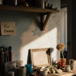 Dusty photo frame leans against fresh wall with fading flower and natural light streaming through window showing life and pos