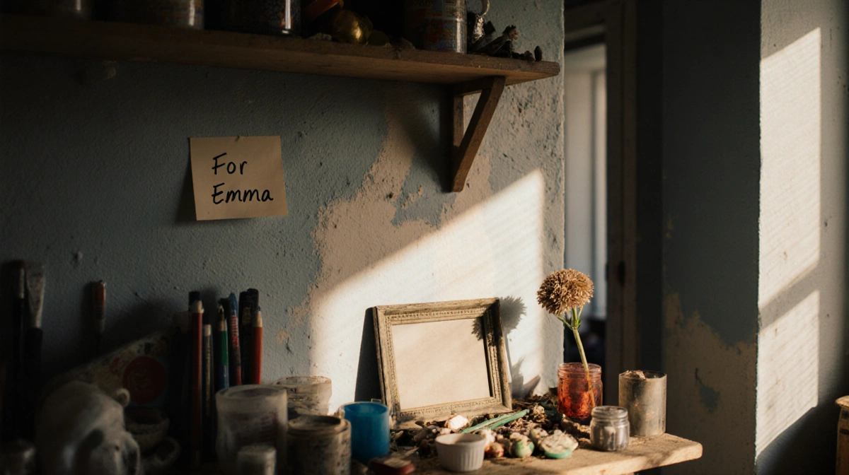 Dusty photo frame leans against fresh wall with fading flower and natural light streaming through window showing life and pos