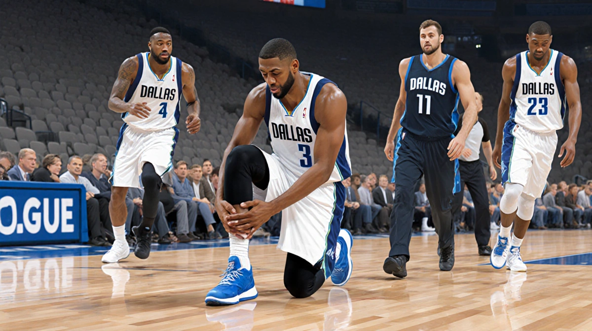 Dwight Gafford clutching his ankle with medical staff rushing over and worried teammates standing near the Dallas Mavericks b