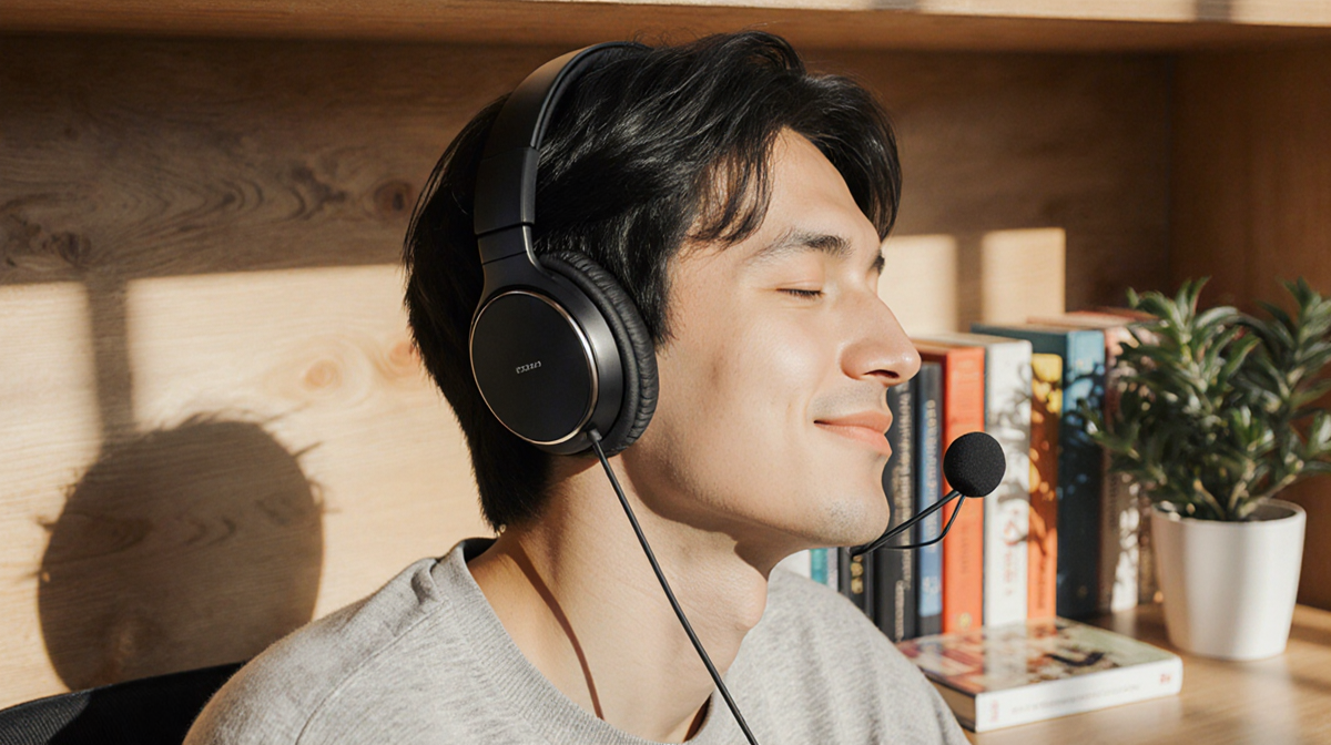 Person sitting on desk with earbuds on face and plant nearby enjoying music in warm lighting