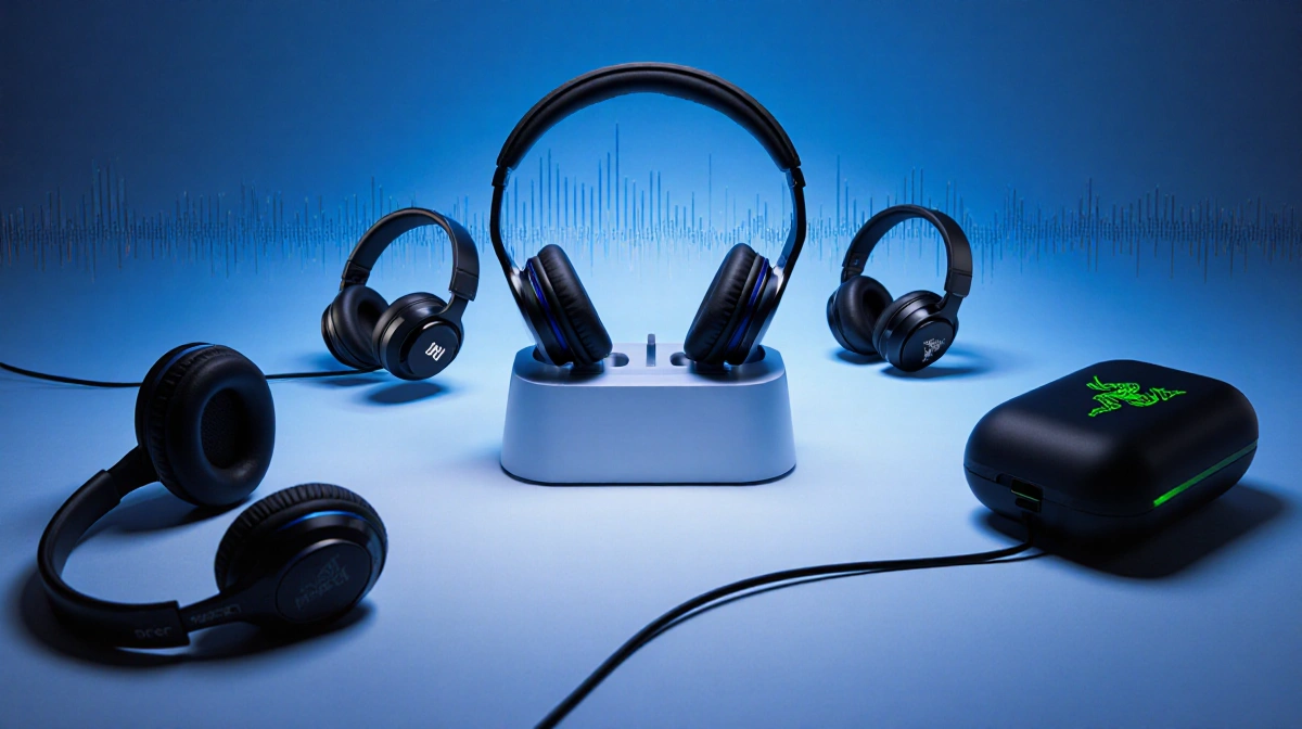Charging dock holding earbuds with budget-friendly Soundpeats and Anker arranged around it and a muted blue wave pattern in b
