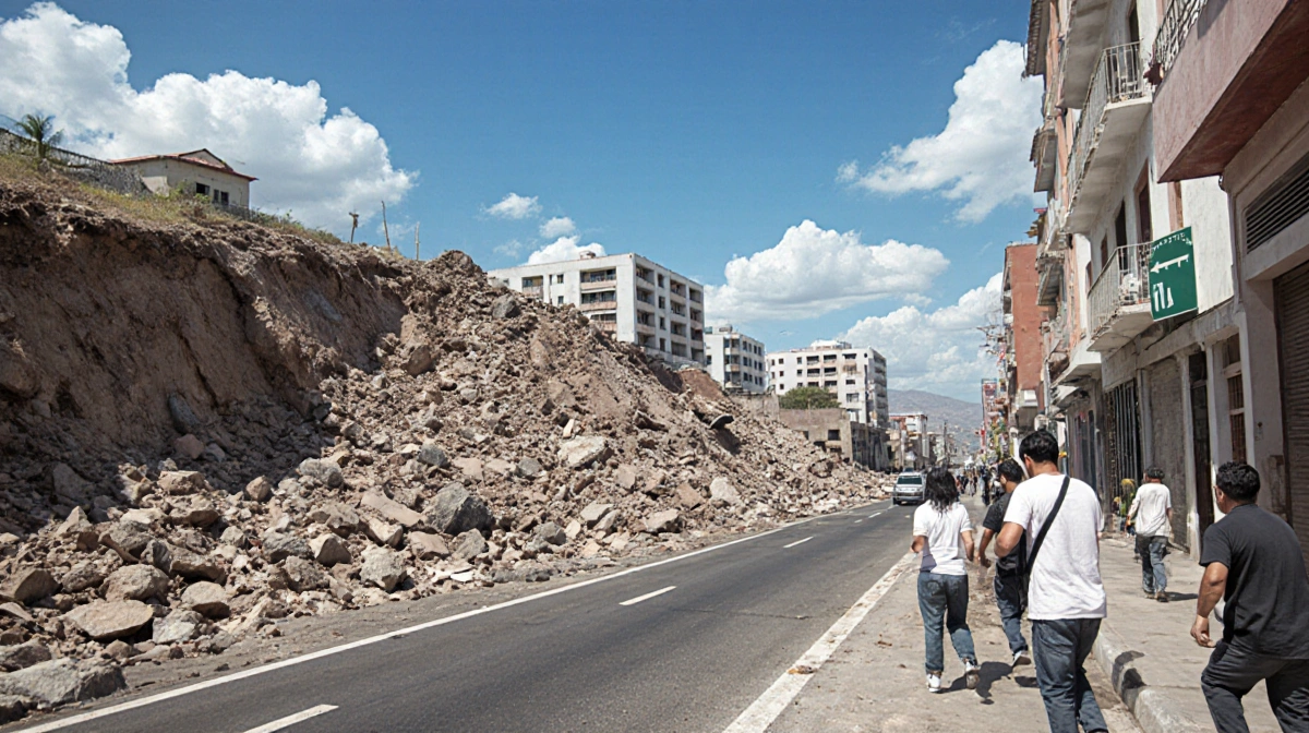 People fleeing Acapulco streets after earthquake with highway landslide debris and cracked buildings.