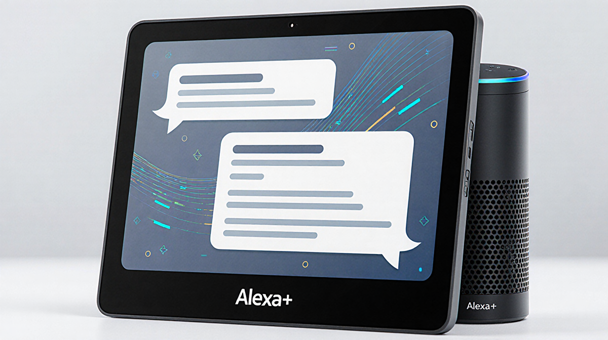 Echo Show scrolling chat interface with AI conversation and subtle motion lines on blue-gray background showing Alexa brandin