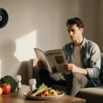 Person reading a magazine with eco-friendly thermostat and light bulbs near a table of fresh fruits