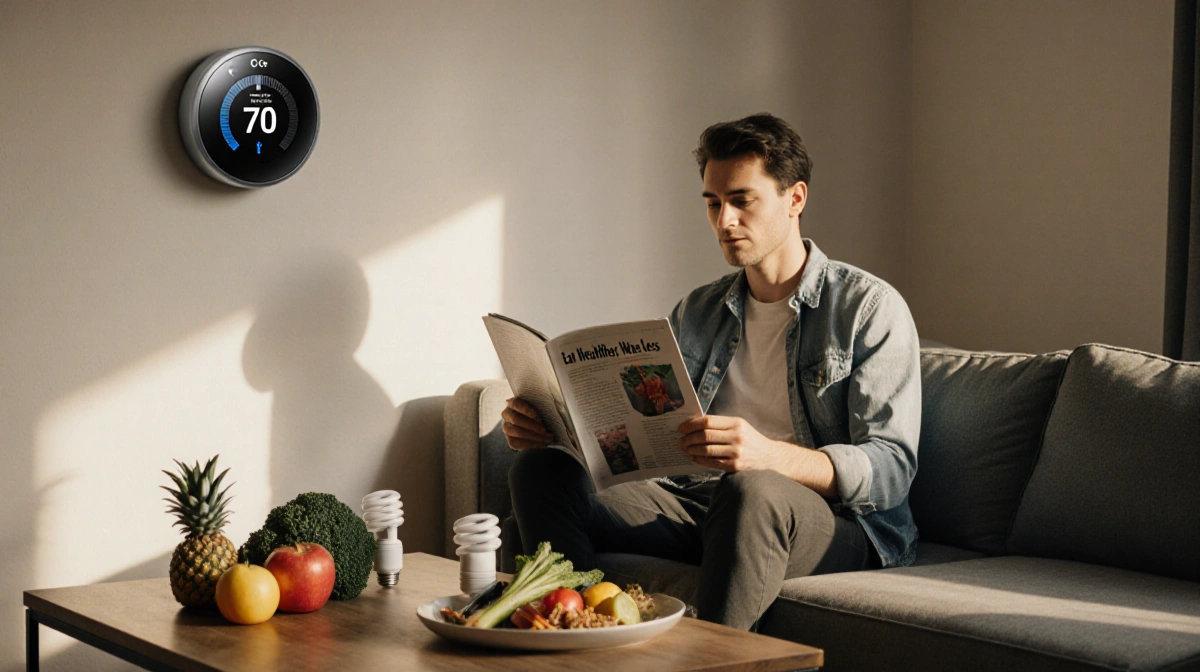 Person reading a magazine with eco-friendly thermostat and light bulbs near a table of fresh fruits