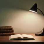 Edge Light 2.0 desk lamp illuminating worn leather books and open notebook on wooden desk with cozy study background