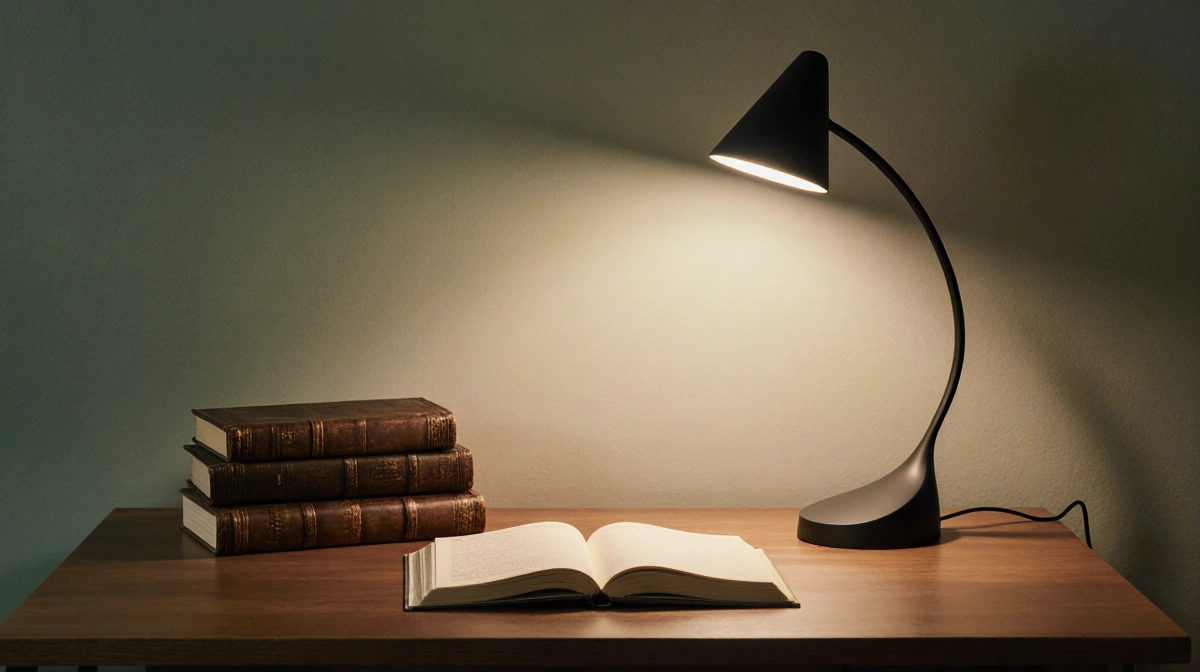 Edge Light 2.0 desk lamp illuminating worn leather books and open notebook on wooden desk with cozy study background