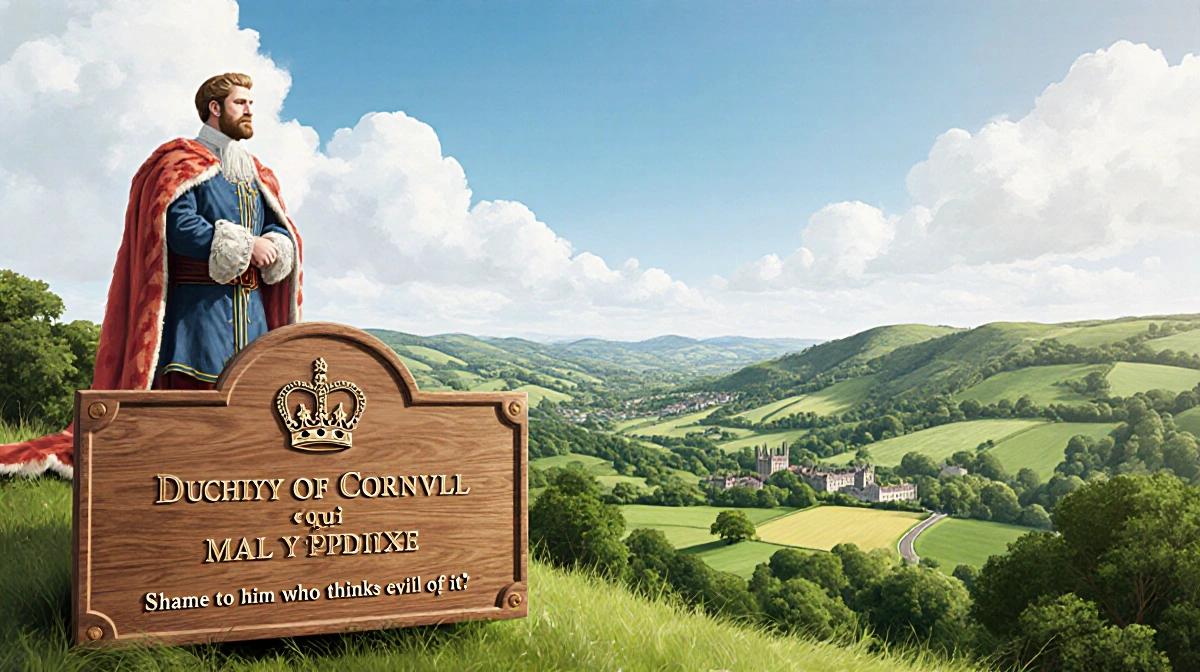 King Edward III stands on a hill with a plaque bearing a crown and motto of Duchy of Cornwall, overlooking English countrysid