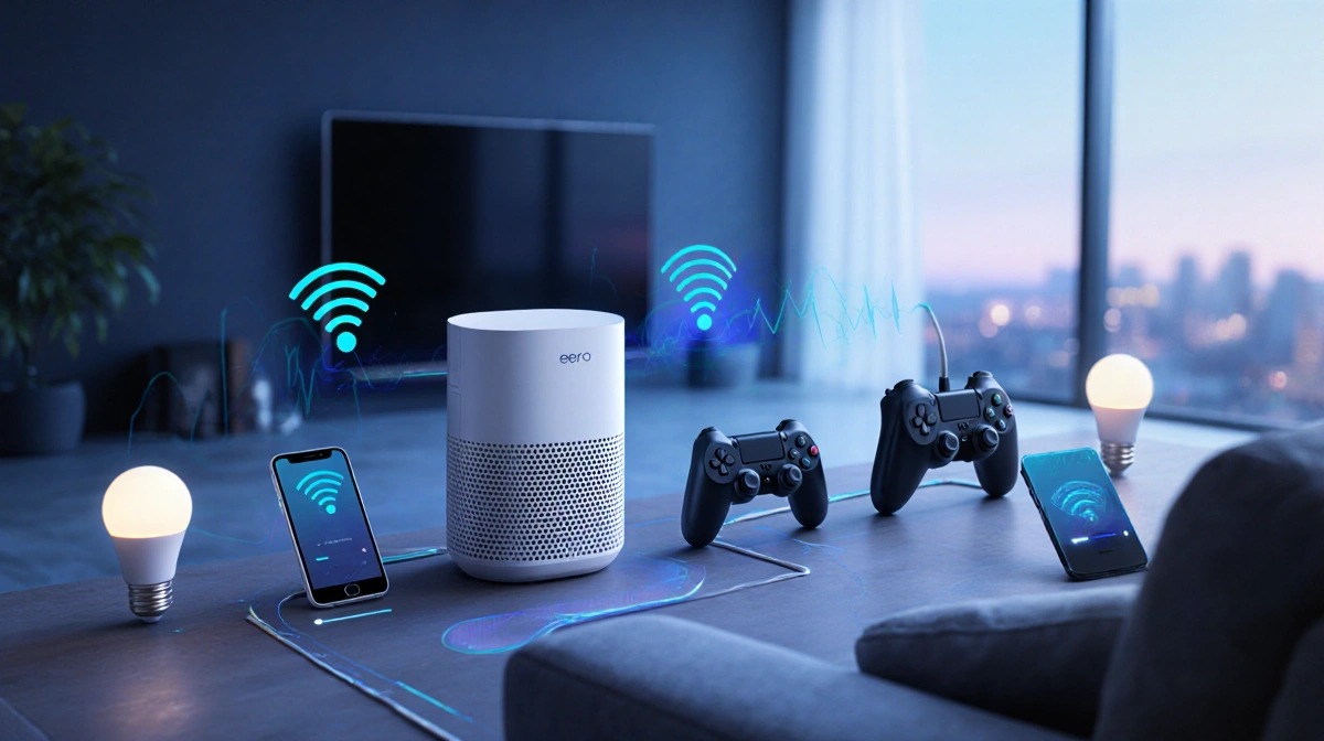 Router broadcasting Wi-Fi 7 signals with connected smartphone and smart TV in a futuristic living room.