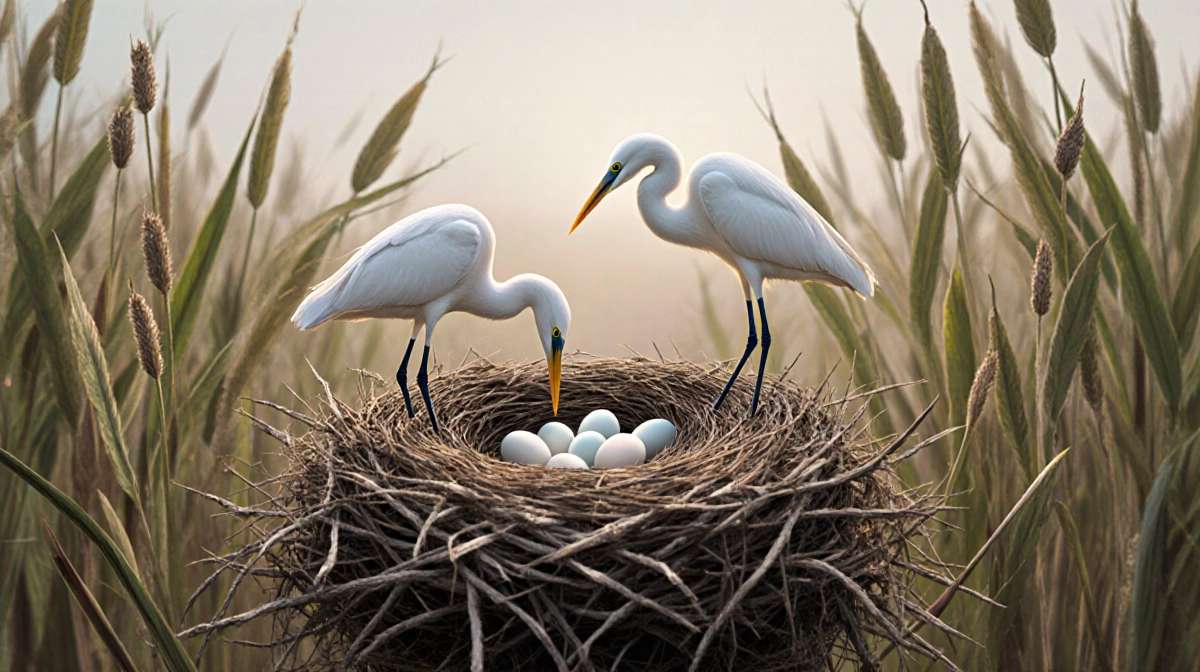 Egrets building nest with eggs and reeds showing federal habitat protection