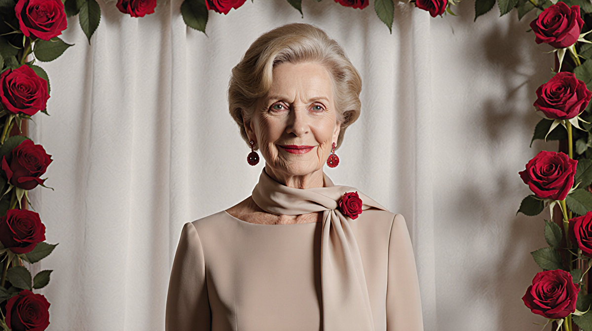 Elaine Swann standing before a white wedding backdrop with subtle red roses and a neutral dress with a hint of red accent