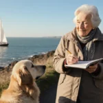 Elderly woman walking coastal path with golden retriever while holding notebook and watching ocean with sailboat visible