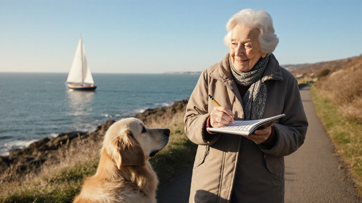 Elderly woman walking coastal path with golden retriever while holding notebook and watching ocean with sailboat visible