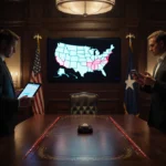 Two suited figures monitor election results on LED screen with American flags and maps showing red and blue states