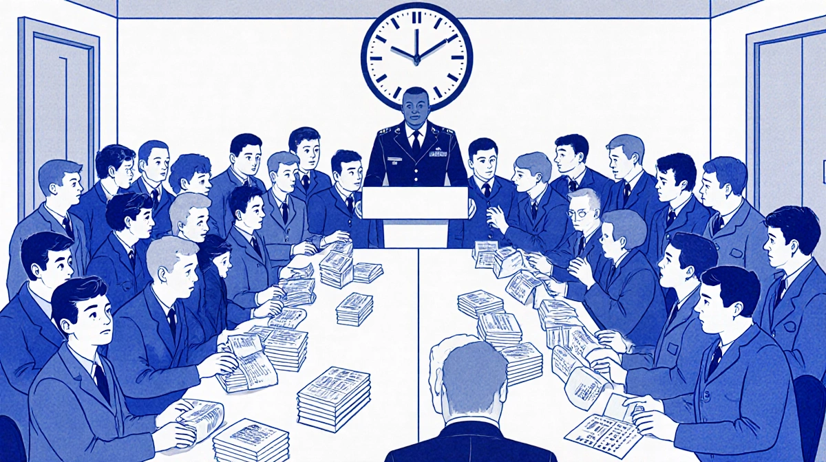 Lt. Col. Allen West addressing a crowded room of election ballot counters with a ticking clock in the background