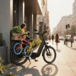 Electric cargo bike loaded with kids bikes and groceries stands against modern building with urban life in background